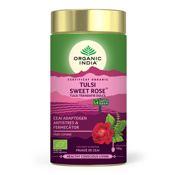 Ceai Tulsi (Busuioc Sfant) Trandafir Dulce, Antistres & Fermecator 100g ECO| Organic India