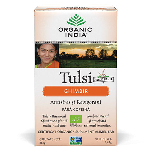 Ceai Tulsi Ghimbir, Antistres si Revigorant 18pl ECO| Organic India