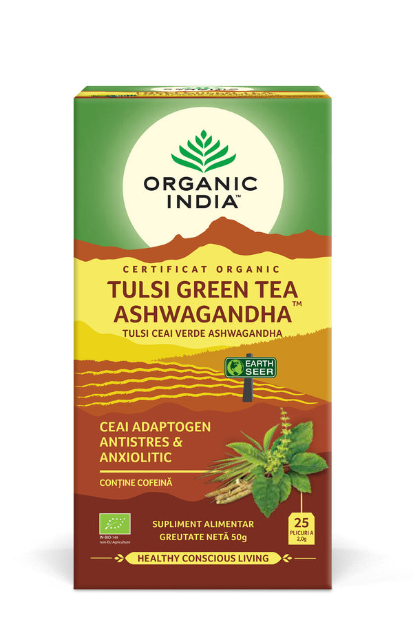 Ceai Tulsi Ashwagandha și Ceai Verde, Adaptogen & Anxiolitic, 25plicuri, ECO | Organic India