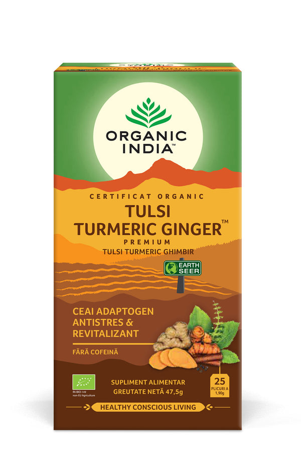 Ceai Tulsi Adaptogen Turmeric și Ghimbir, 25plicuri, ECO | Organic India Turmeric