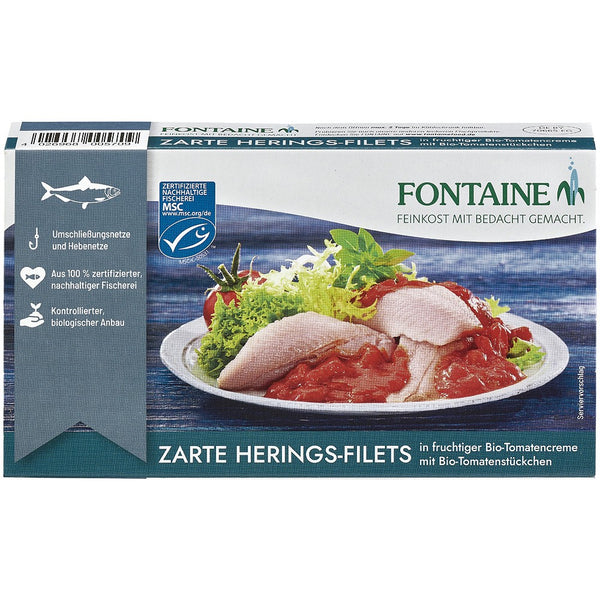 FIle de hering in sos bio de tomate cu bucati de tomate, 200g