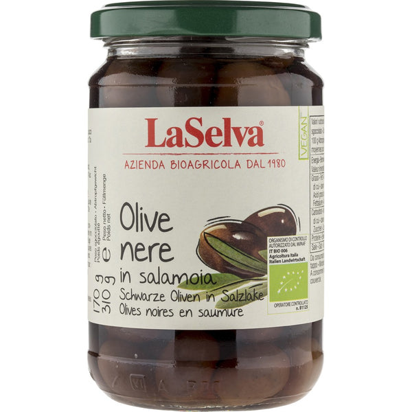 Masline negre bio cu samburi in saramura, 310g