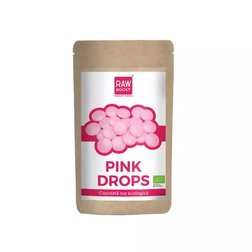 Pink Drops - Ciocolată Roz Vegană ECO, cu Pudră de Căpșuni, 90g | Rawboost